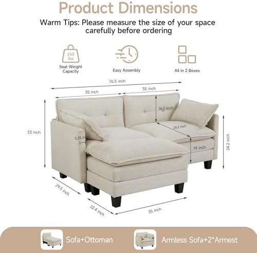 Amsleekey 76.5" L-Shaped Modular Sectional Sofa, Beige Corduroy | Cloud ...