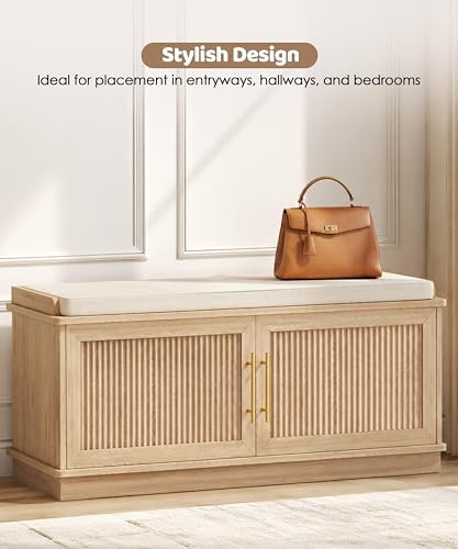 Akxomel 39.4" Fluted Shoe Storage Bench 2 Doors Wooden Entryway Bench Oa...