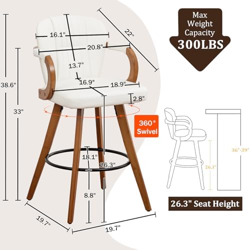 26" Swivel Counter Height Bar Stools with Back White Faux Leather Kitche...