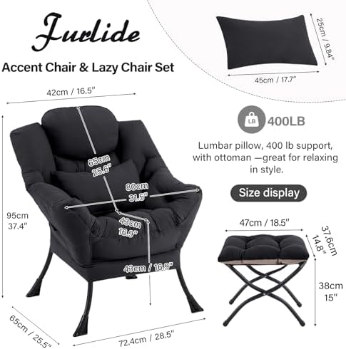 Furlide Lazy Chair with Ottoman, Comfy Fabric Accent Lounge Arm Chair with Lu...