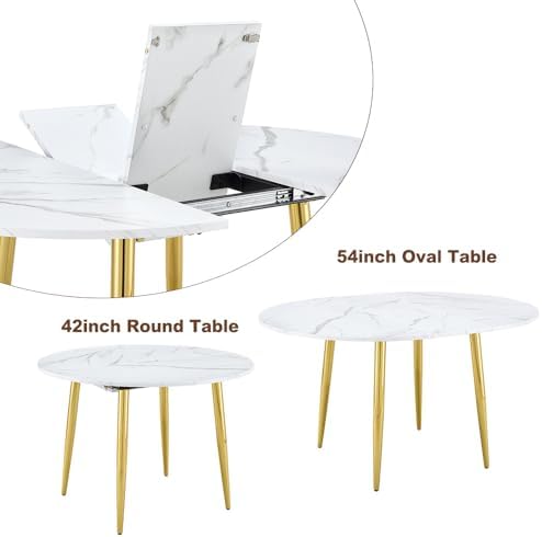 FURNITO Round Dining Table Set for 6, 42"-54" Extendable Dining Room Table Set for 6, White Kitchen Table with Upholstered Chairs Set of 6, 7 Piece Dining Table Set for Small Spaces, Easy Assembly