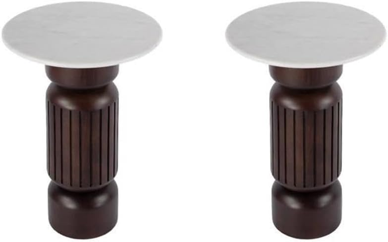 Pemberly Row Set of 2 Marble and Wood Side Tables in White/Light Beige