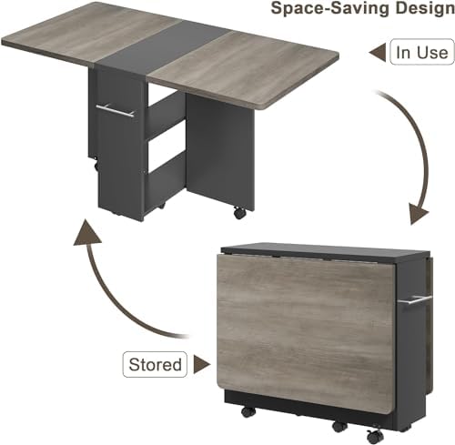 IDEALHOUSE FoldingTable, Drop Leaf Dining Table with 6 Wheels and 2-Layer Sto...