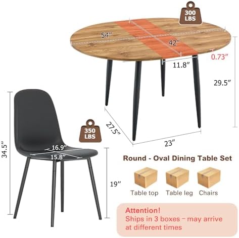 FURNITO Wood Dining Table Set for 6, 42"-54" Round to Oval Extendable Table with 6 Chairs, Space-Saving Contemporary Dining Room Tanble Set for Small Apartments or Kitchens, Easy Assembly