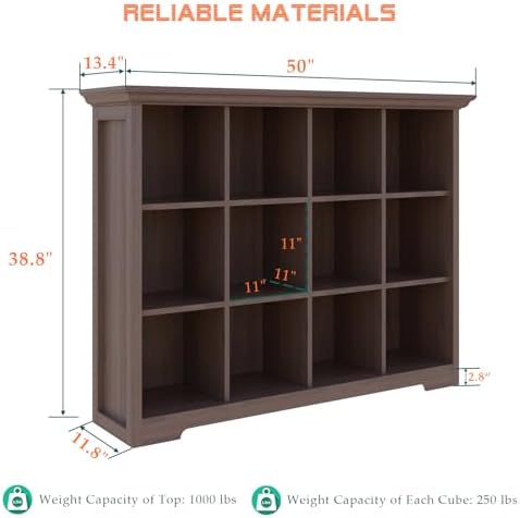OSCHF 12-Cube Open Bookcase with Base, 3-Tier Wooden Bookshelf, Walnut