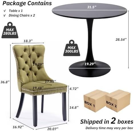 31.5" Small Round Kitchen Table Set for 2 with Velvet Upholstered Chairs