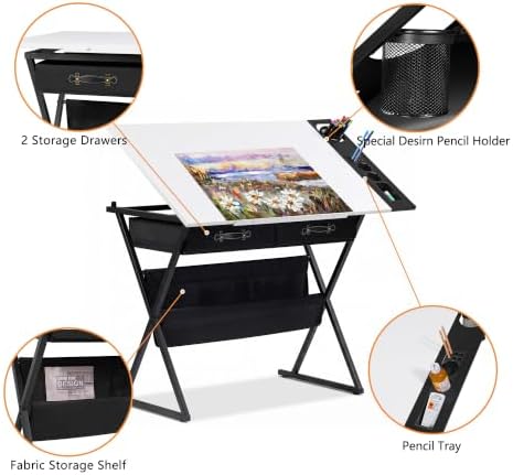 VECELO Drafting Table Art Desk Art Table Adjustable Drawing Table Tilted Tabl...