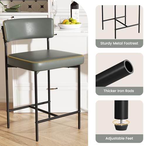 Bar Stools Set of 2, Faux Leather Counter Height Barstools with Curved Back, ...