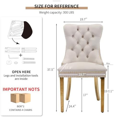 Mid Century Modern Dining Chairs Set of 4, Beige Velvet Upholstered Tufted Ba...