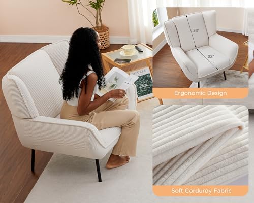 Corduroy Wingback Accent Chair, High Back Armchair with Deep Seat, White