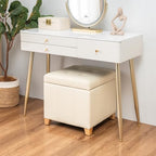 Adeco Square Storage Ottoman with Hinged Lid, 16" Upholstered Foot Stool & Seat for Entryway, Living Room, Faux Leather with Wood Legs (Ivory White)