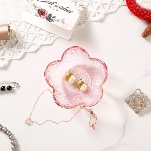 Gifts for Women Pink Flower Ring Dish Glass Jewelry Dish Jewelry Tray Cute Vanity Organizer Room Decor Aesthetic Nightstand Bathroom Decor Trinket Dish Ring Holder Dish Jewellery Tray Valentine's Gift