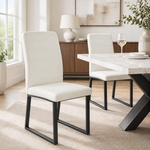 Modern Dining Chairs Set of 4, White Faux Leather Kitchen Chairs, Upholstered Armless Dining Room Chair with Black Mental Legs Heavy Duty, Comfortable (White Chairs, Set of 4)
