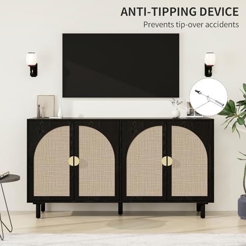 vistavie Black Rattan Buffet 4-Door Storage Cabinet with Adjustable Shelves, ...