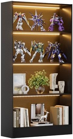 CODACE Tall Wooden 4-Tier Black Bookshelf - Display Cabinet with LED Lights