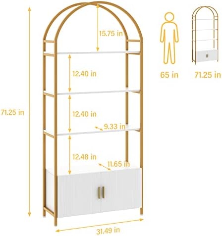 Jehiatek Gold Bookshelf, Arched Bookcase with Doors Storage, 71" Tall In...