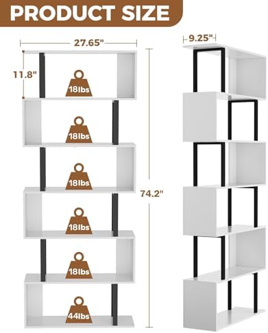 Gadroad 6-Tier Tall Bookshelf, S-Shaped Book Shelf Unit, White