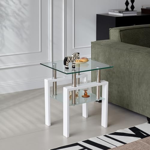 Glass End Table Tea Table with Shelf Side Table with Metal Legs Modern Small ...
