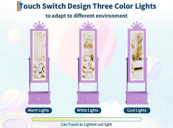 LED Kids Jewelry Armoire Cabinet with Full Length Mirror for Girls, Purple | 3 Color Touch Control Lighting,Anti-Tip Stable Structure,Lockable Cabinet, Freestanding Jewelry Organizer