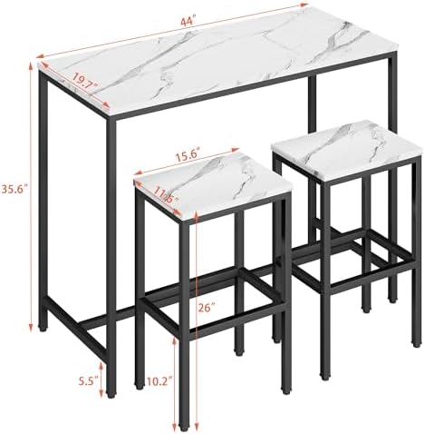 Yongchuang 3 Piece Bar Table and Chairs Set, White Faux Marble Wood Top