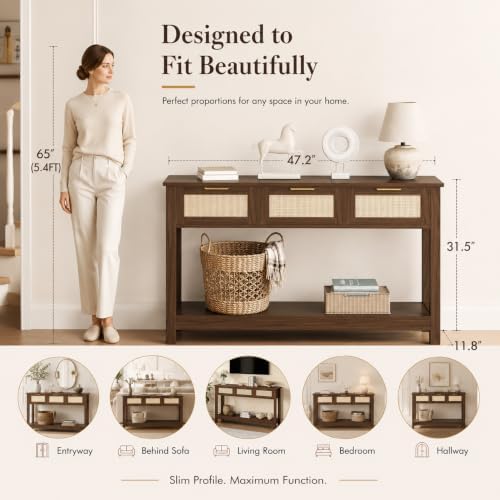 Luoxiao Console Table for Entryway with 3 Rattan Drawers Storage Open Shelf |...