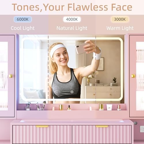 55" Vanity Desk with Mirror & Lights, Fluted Makeup Vanity with 8 Dr...