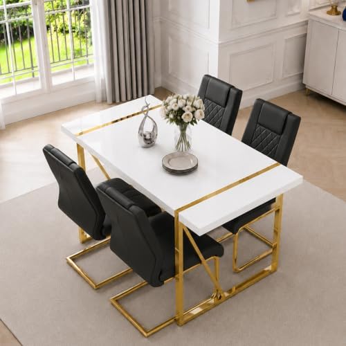 55‘’ Modern Dining Table Set for 4, White Dining Tabletop and Golden Metal Fr...