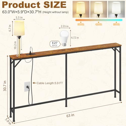 keomaisyto 63 Inch Narrow Console Table with 3-Color Adjustable Light and Cha...