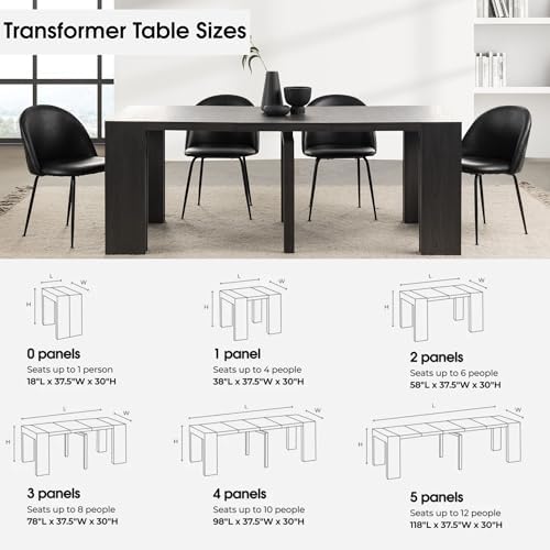 Transformer Table Solid Wood Extendable Dining Table, Black | Seats 2-12, Exp...