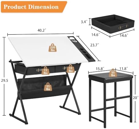 VECELO Drafting Table Art Desk Art Table Adjustable Drawing Table Tilted Tabl...