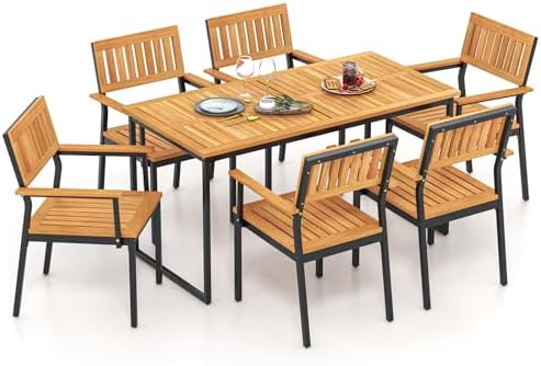 Tangkula 7 Piece Outdoor Dining Set for 6, Acacia Wood Rectangular Dining Tab...