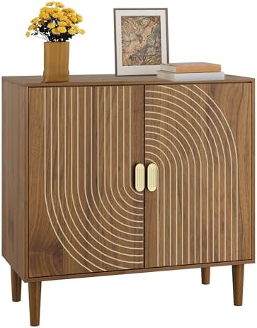 Smuxee Walnut Sideboard Cabinet, Freestanding Buffet Cabinet with Line Groove...