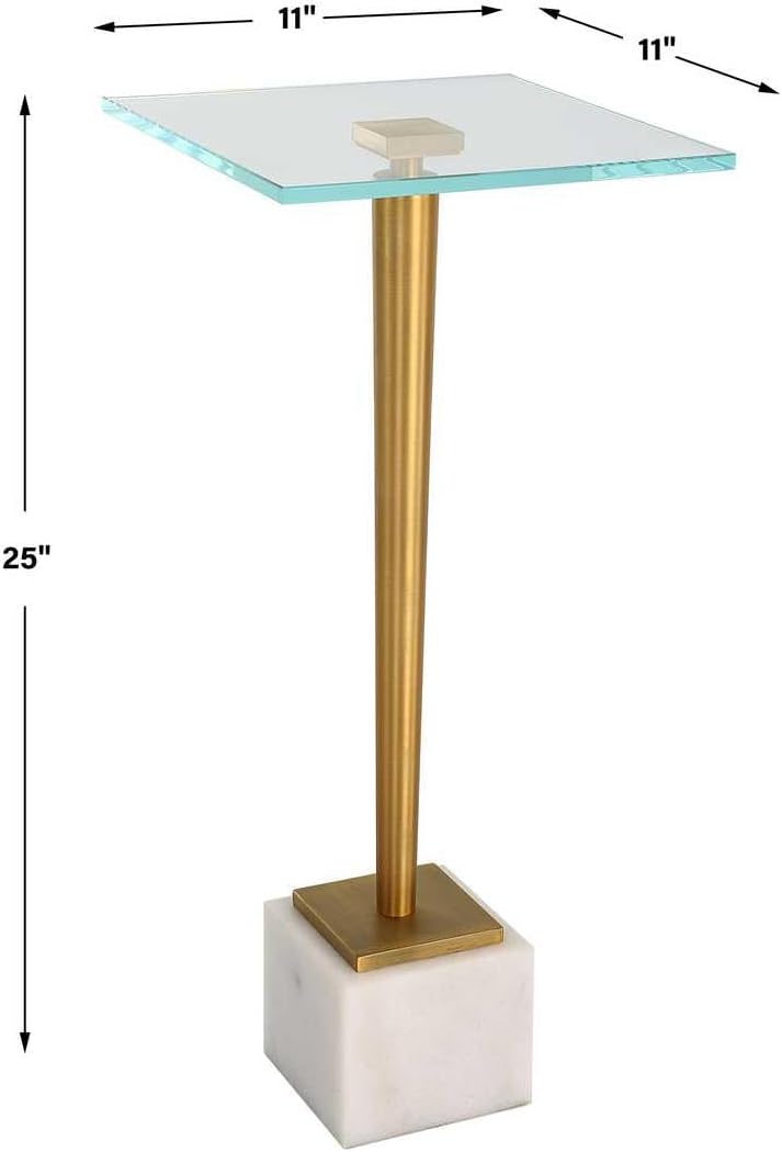 Miri Accent Table | Brass Plated and Tempered Glass Top with White Marble Bas...