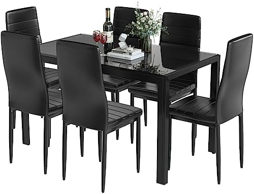 DKLGG Glass Dining Table Set for 6, Modern Kitchen Table with 6 PU Leather Ch...