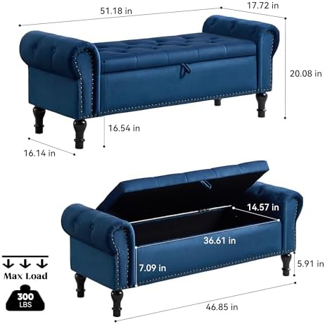 Storage Bench for Bedroom, 51" Upholstered End of Bed Bench, Velvet Quee...
