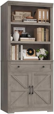 HOSTACK 72" Bookshelf with Storage, Tall Bookcase w/Deep Cabinet, Ash Grey