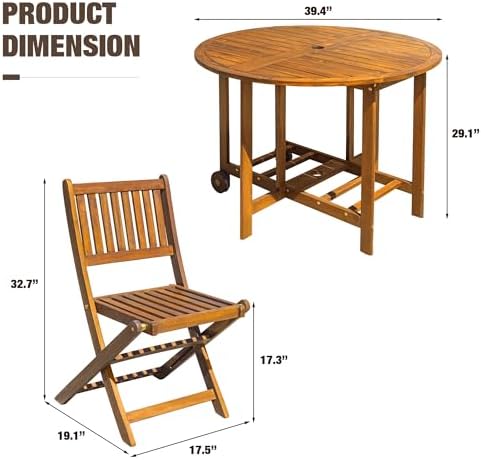 Devoko Acacia Wood Outdoor Patio Folding Table and Chairs Set for 4