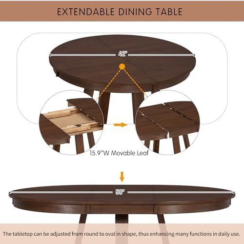 LUMISOL Extendable Round Dining Table Set for 4-6, 5-Piece Farmhouse Kitchen ...