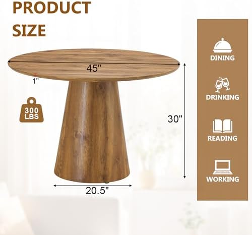 45" Round Dining Table, Round Pedestal Dining Table for 4 | One-Piece Ro...