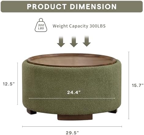 29.5 Inch Round Storage Ottoman Coffee Table, Green Teddy | Modern Circle Cof...