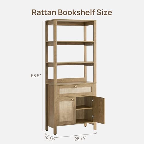 SICOTAS 68.5" Tall Boho Rattan Bookshelf with Single Drawer & Storag...
