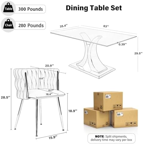7 Pieces Modern Luxury Glass Dining Set, Large Minimalist Rectangle Dinner Se...