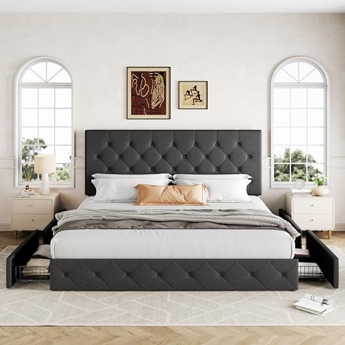 Allewie King Size Storage Bed Frame with 4 Underbed Drawers, Dark Grey