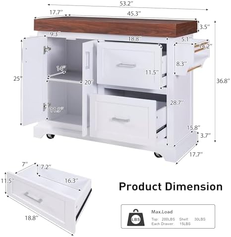 53" Large Kitchen Island with 3.5" Thick Desktop, Spice and Towel Racks, Rolling Kitchen Island with Storage on 5 Wheels, 2 Extra-Large Drawers, for Home, Kitchen, Dining Room, White