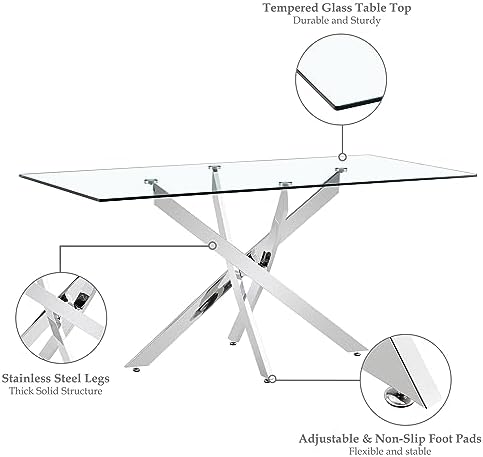 63'' Luxury Dining Table Set for 6, 7 Pieces Modern Rectangular Clear...