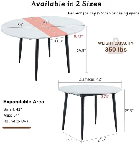 42"-54" Round to Oval Extendable Dining Room Table, White Faux Marb...