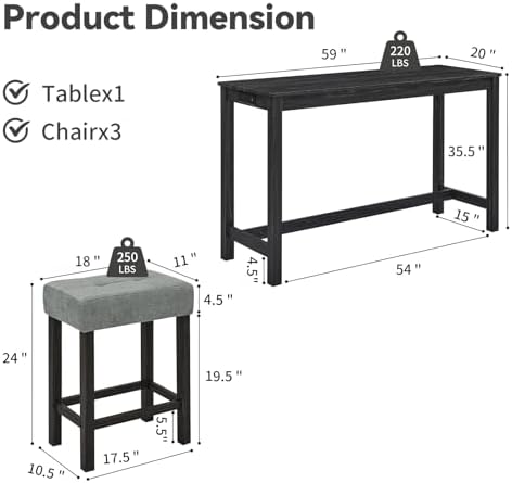 59" Industrial 4 Piece Bar Table Set with Built-in Power Outlet, Behind ...
