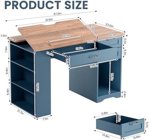 Drafting Table with Storage Cabinet & Drawers, Adjustable Drawing Desk wi...