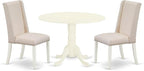 East West Furniture DLFL3-WHI-01 3 Piece Kitchen Table Set Contains a Round Dining Room Table with Dropleaf and 2 Cream Linen Fabric Upholstered Chairs, 42x42 Inch, Linen White