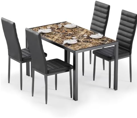 Bealife Kitchen Dining Table Set for 4, Tempered Glass 5 Piece - Marble